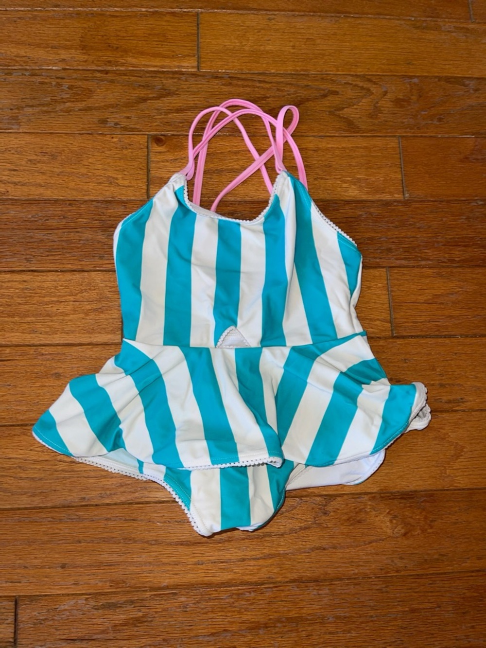 SweetHoney Turquoise & White Striped One-Piece with Pink Crisscross Straps